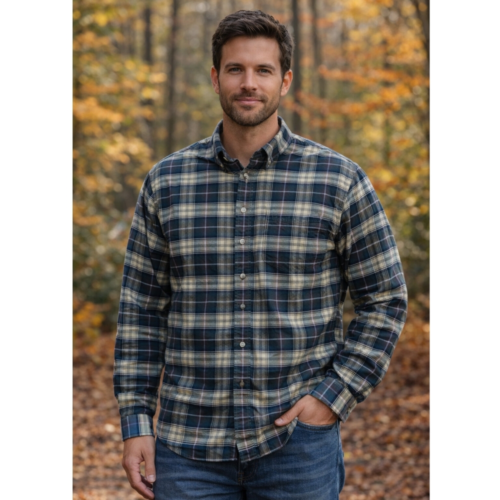 Eddie Bauer Men's Casual Plaid Shirt - Navy and Cream